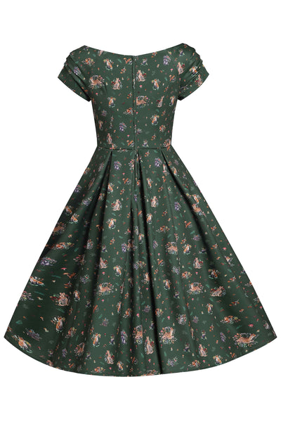 Lily Retro Off Shoulder in Dark Green & Forrest Animals Swing Dress