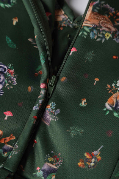 Lily Retro Off Shoulder in Dark Green & Forrest Animals Swing Dress