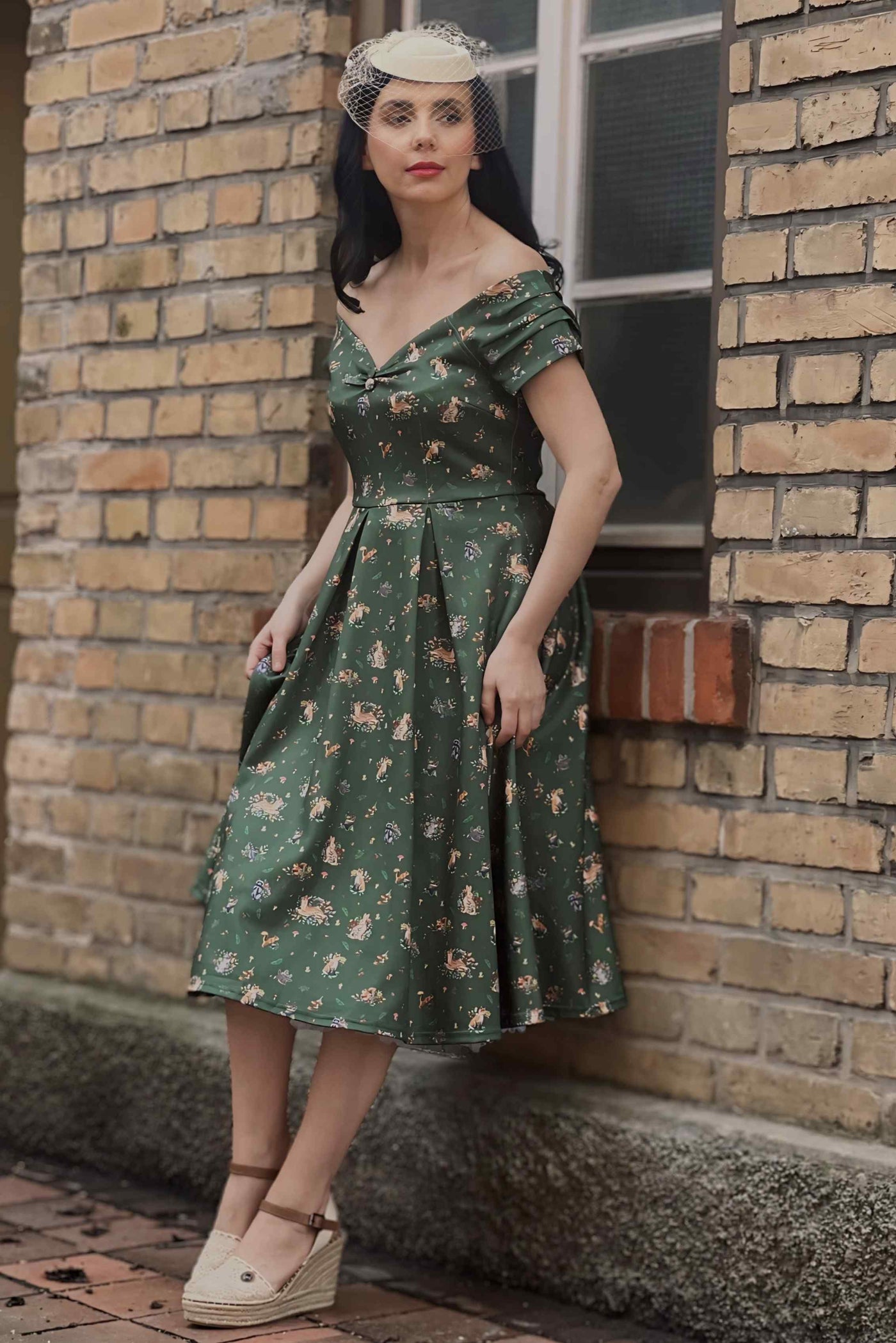 Lily Retro Off Shoulder in Dark Green & Forrest Animals Swing Dress
