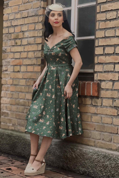 Lily Retro Off Shoulder in Dark Green & Forrest Animals Swing Dress