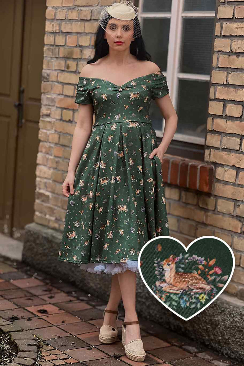 Lily Retro Off Shoulder in Dark Green & Forrest Animals Swing Dress