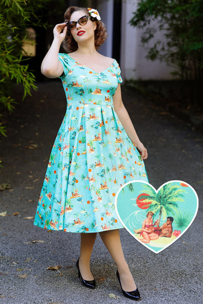 Lily Rockabilly Off Shoulder Island Pin up Print Swing Dress