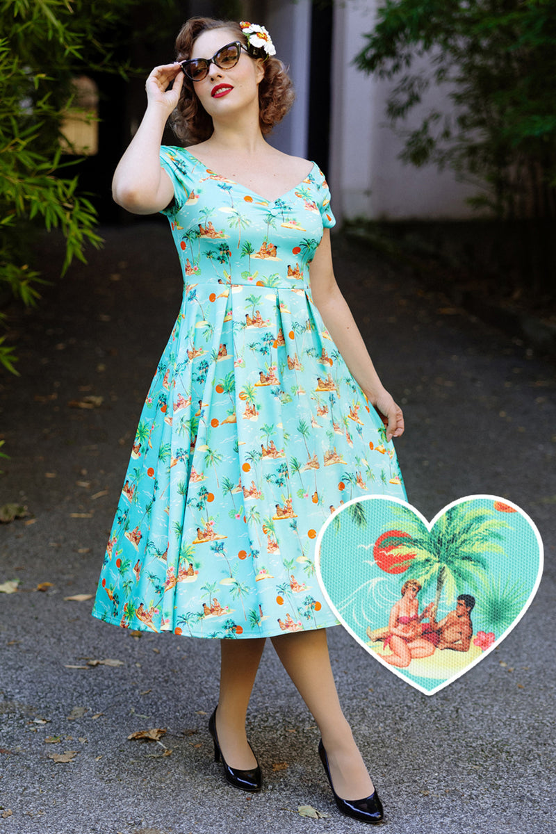Lily Rockabilly Off Shoulder Island Pin up Print Swing Dress