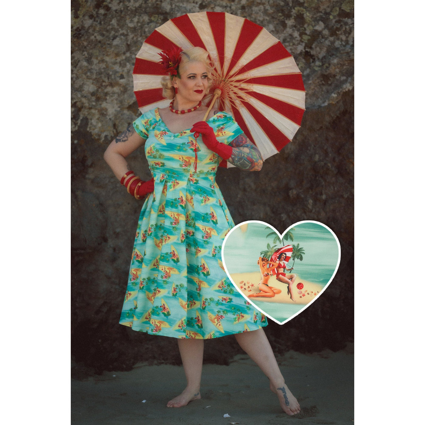 Lily Rockabilly Off Shoulder Island Pin up Print Swing Dress