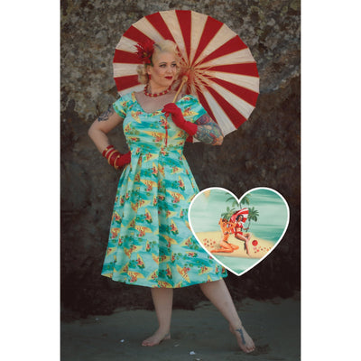 Lily Rockabilly Off Shoulder Island Pin up Print Swing Dress