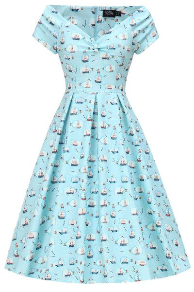 PRE ORDER Lily Sky Blue Off Shoulder 50s Inspired Message in a Bottle Print Dress