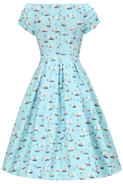 PRE ORDER Lily Sky Blue Off Shoulder 50s Inspired Message in a Bottle Print Dress