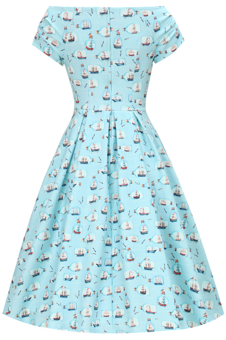 EU STOCK Lily Sky Blue Off Shoulder 50s Inspired Message in a Bottle Print Dress