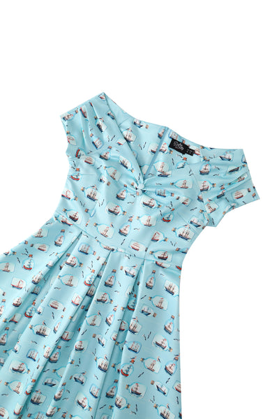 PRE ORDER Lily Sky Blue Off Shoulder 50s Inspired Message in a Bottle Print Dress