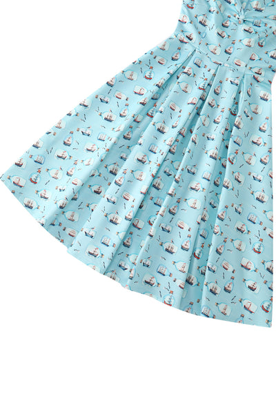 EU STOCK Lily Sky Blue Off Shoulder 50s Inspired Message in a Bottle Print Dress