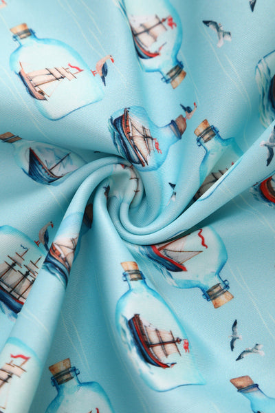 PRE ORDER Lily Sky Blue Off Shoulder 50s Inspired Message in a Bottle Print Dress