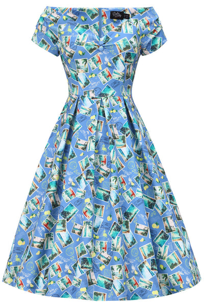 EU STOCK Lily Light Blue Off Shoulder 50s Inspired Stamp Print Dress
