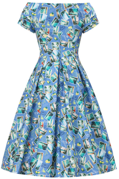 EU STOCK Lily Light Blue Off Shoulder 50s Inspired Stamp Print Dress