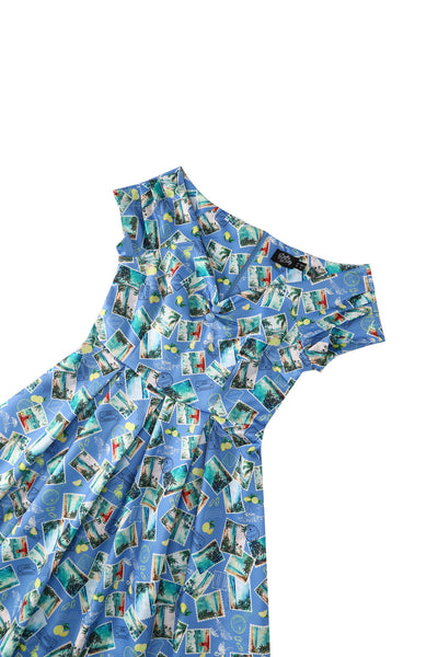 EU STOCK Lily Light Blue Off Shoulder 50s Inspired Stamp Print Dress