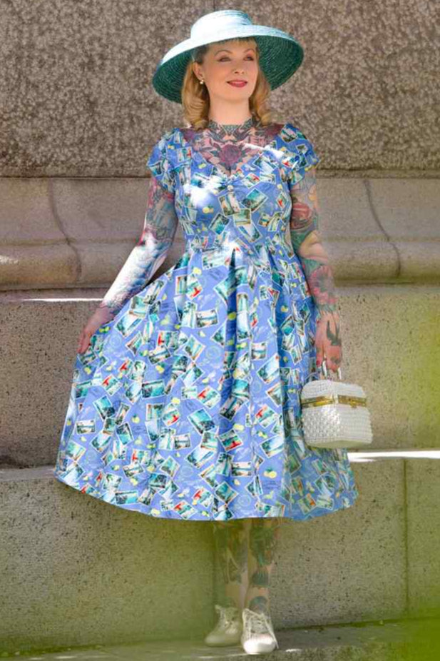 Lily Light Blue Off Shoulder 50s Inspired Stamp Print Dress