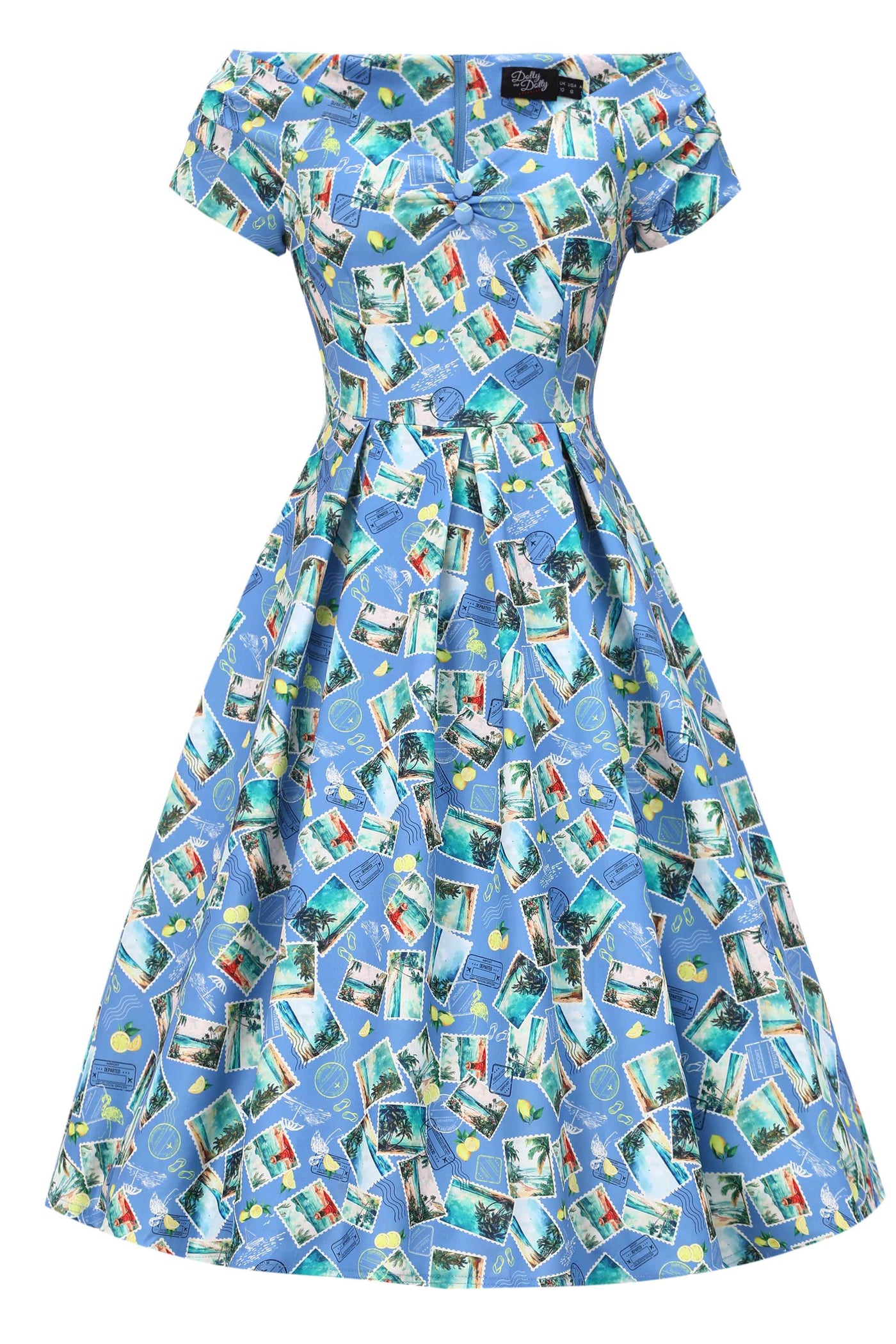 Lily Light Blue Off Shoulder 50s Inspired Stamp Print Dress
