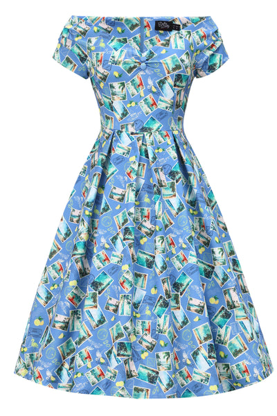 Lily Light Blue Off Shoulder 50s Inspired Stamp Print Dress
