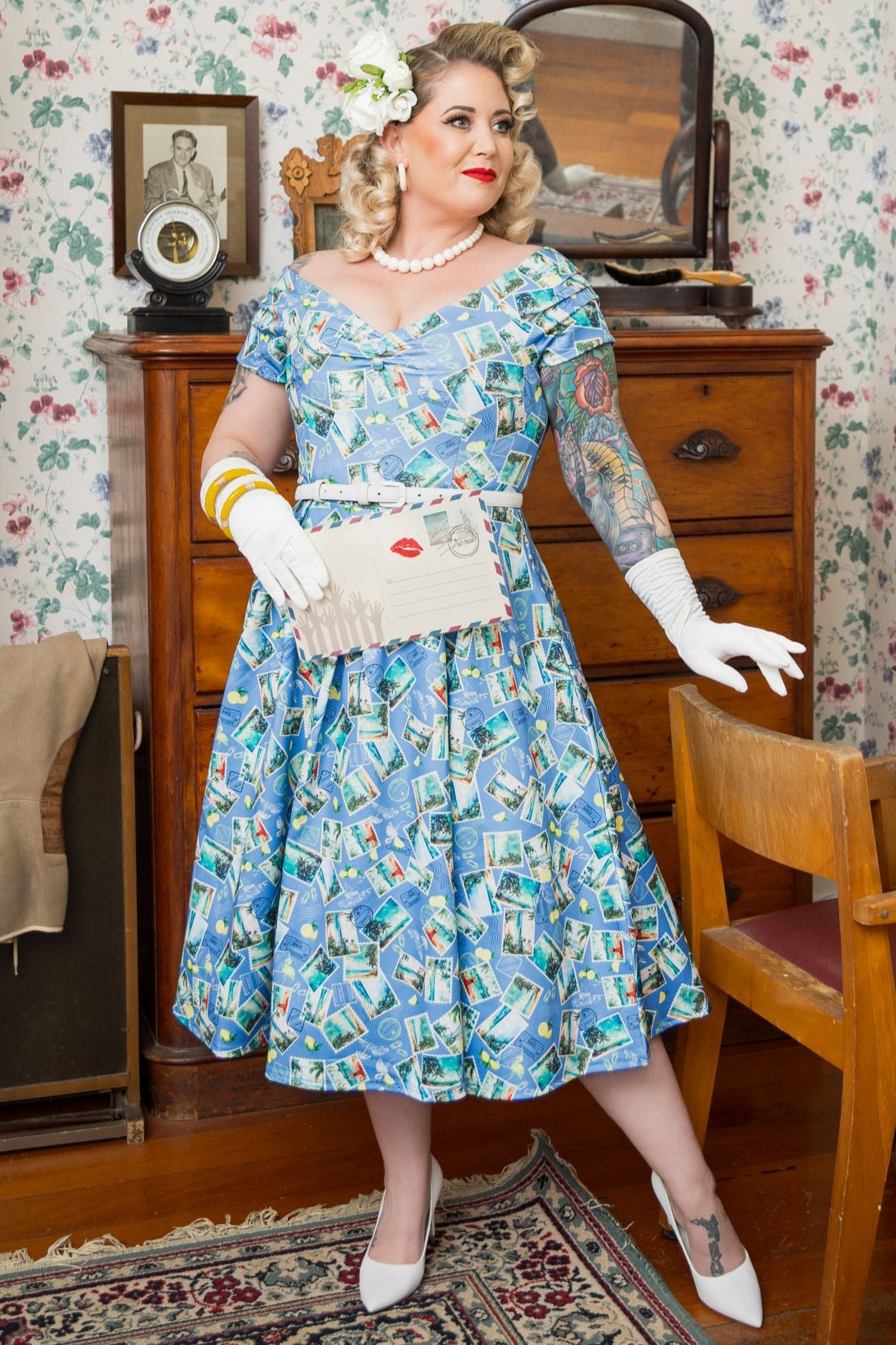 Lily Light Blue Off Shoulder 50s Inspired Stamp Print Dress