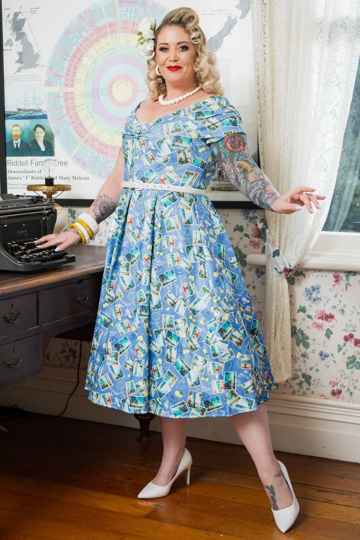 Lily Light Blue Off Shoulder 50s Inspired Stamp Print Dress