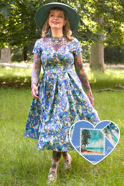 Lily Light Blue Off Shoulder 50s Inspired Stamp Print Dress
