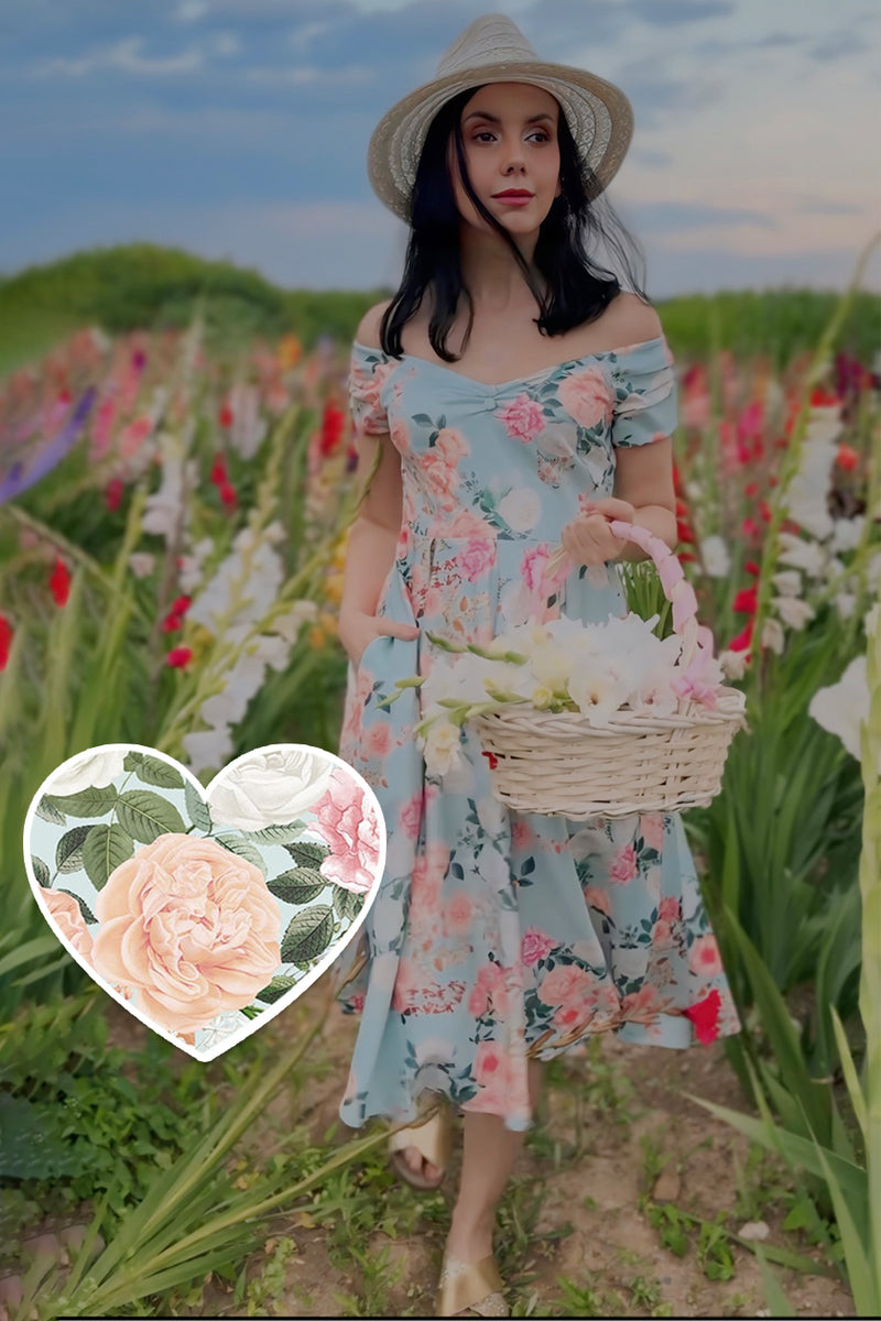 Lily 50s Style Floral Off Shoulder Dress In Mint