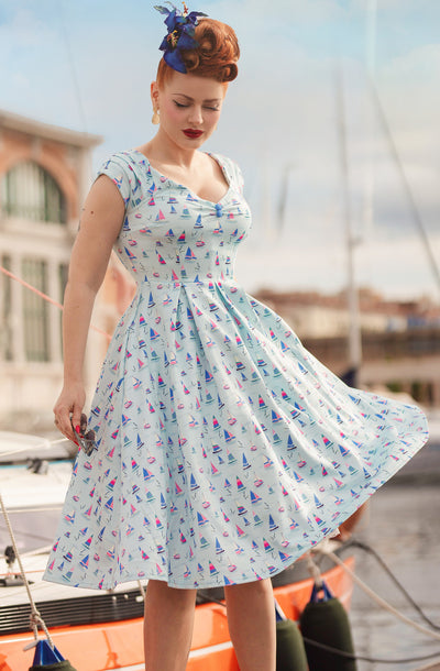 Lily Nautical Sailboat Blue Off Shoulder Dress