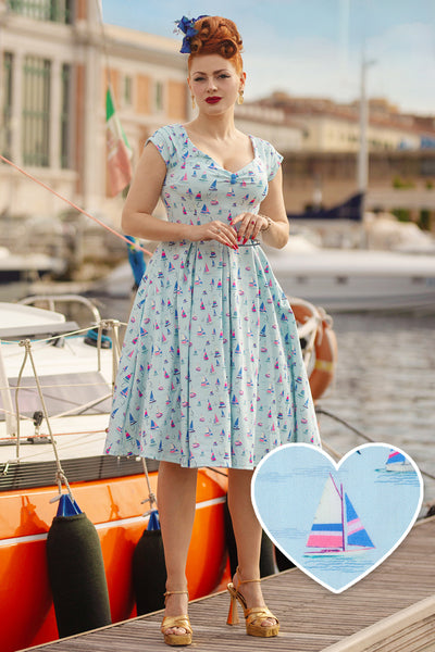 Lily Nautical Sailboat Blue Off Shoulder Dress