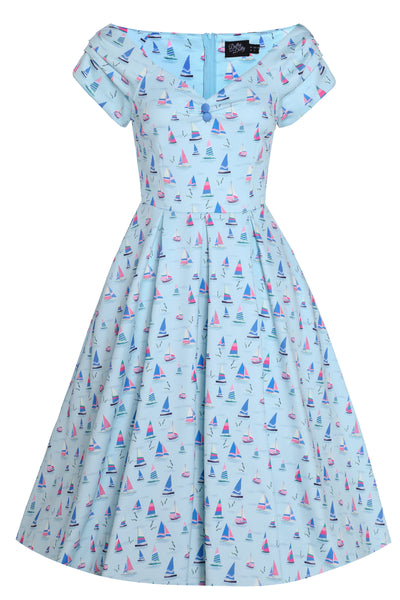 Lily Nautical Sailboat Blue Off Shoulder Dress