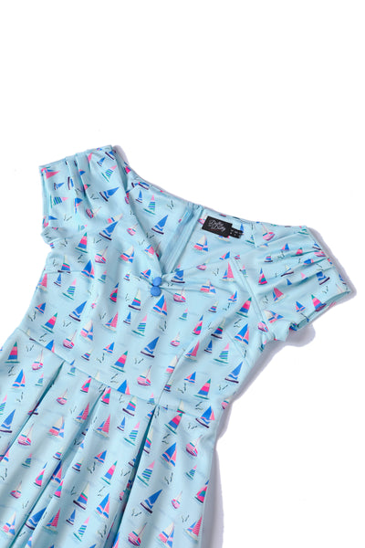 Lily Nautical Sailboat Blue Off Shoulder Dress