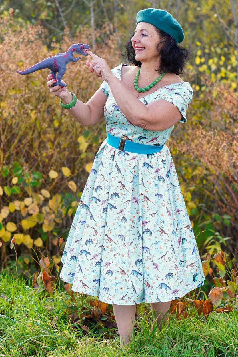 Lily Retro Off Shoulder in Light Green & Dino Print Swing Dress