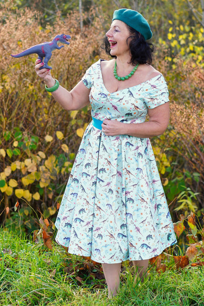 Lily Retro Off Shoulder in Light Green & Dino Print Swing Dress