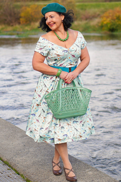 Lily Retro Off Shoulder in Light Green & Dino Print Swing Dress