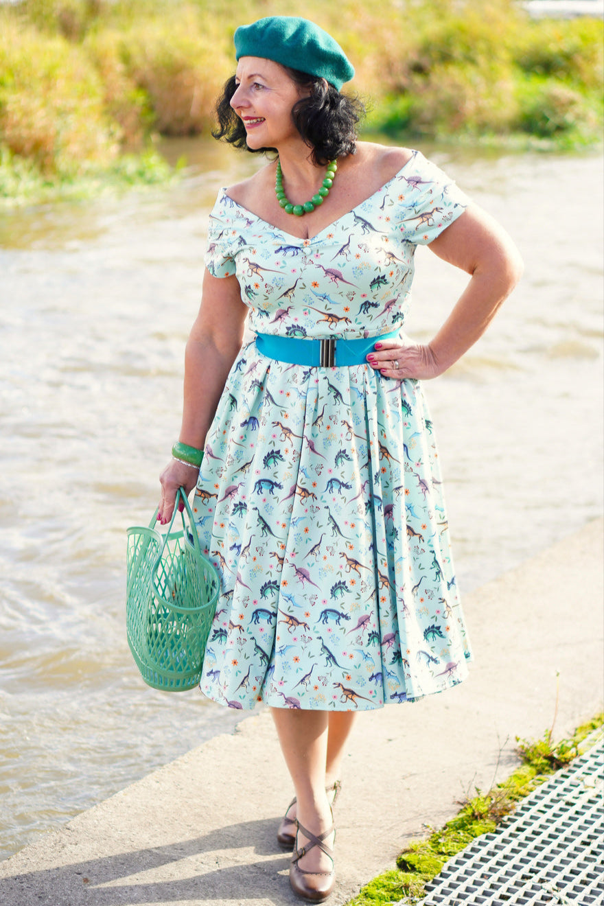 Lily Retro Off Shoulder in Light Green & Dino Print Swing Dress