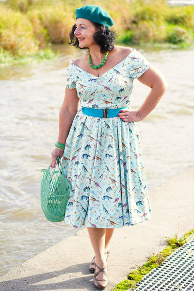Lily Retro Off Shoulder in Light Green & Dino Print Swing Dress