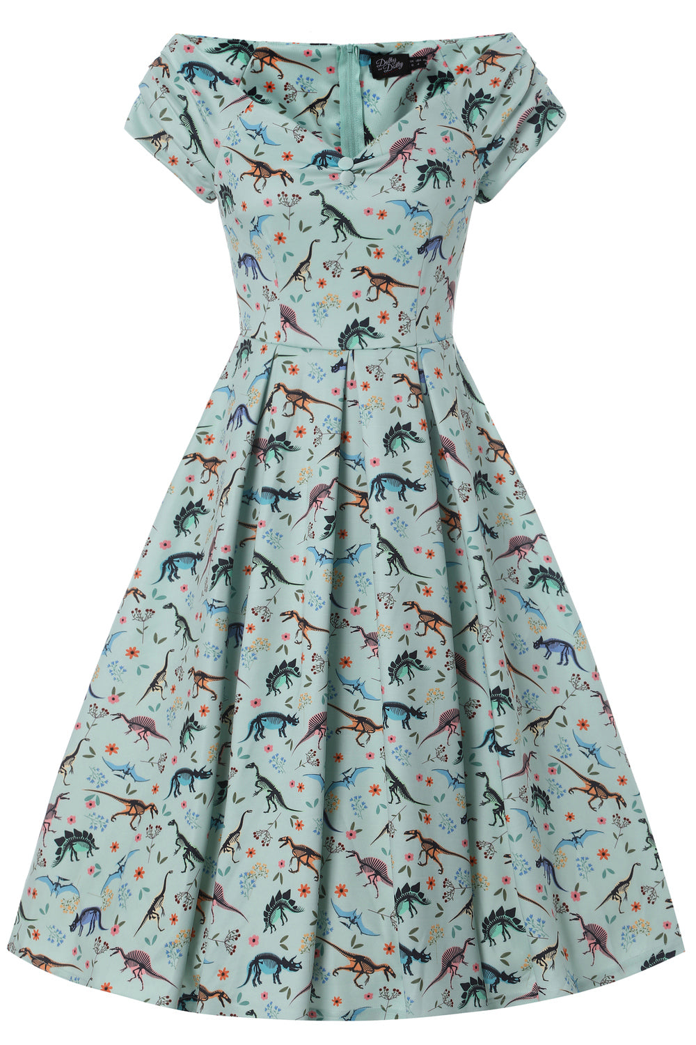 Lily Retro Off Shoulder in Light Green & Dino Print Swing Dress