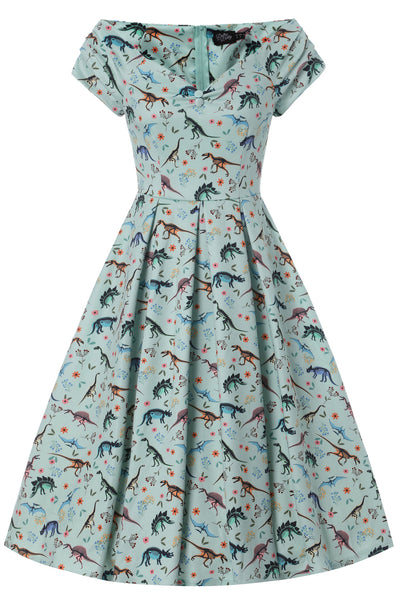 Lily Retro Off Shoulder in Light Green & Dino Print Swing Dress