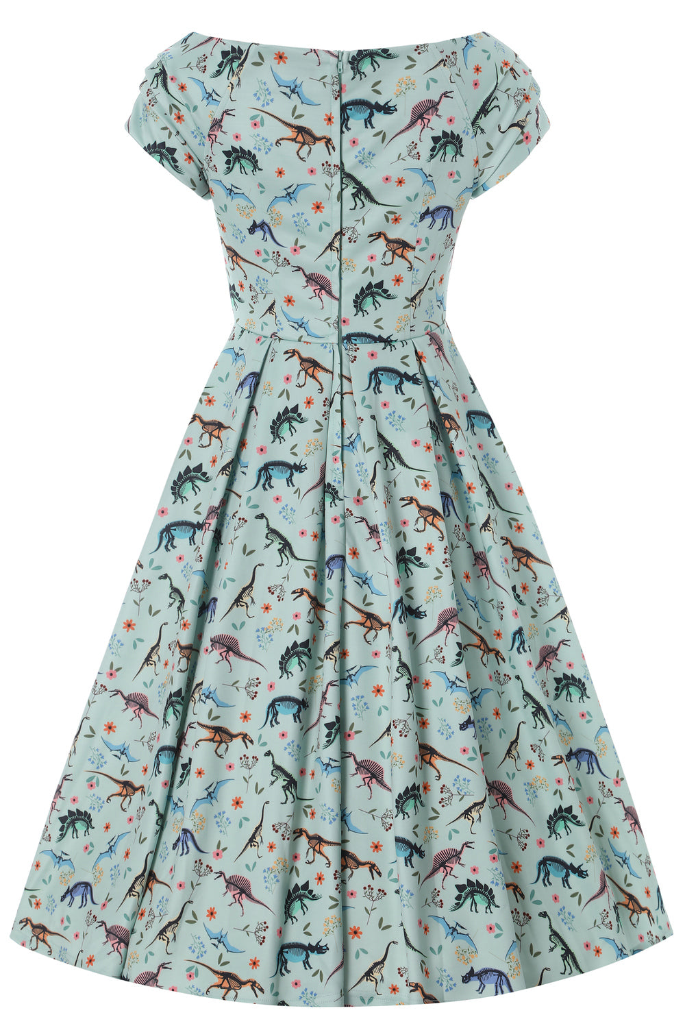 Lily Retro Off Shoulder in Light Green & Dino Print Swing Dress