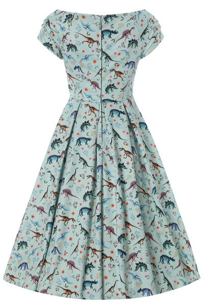 Lily Retro Off Shoulder in Light Green & Dino Print Swing Dress