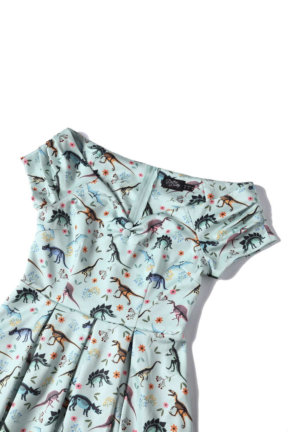 Lily Retro Off Shoulder in Light Green & Dino Print Swing Dress