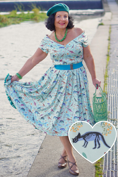 Lily Retro Off Shoulder in Light Green & Dino Print Swing Dress