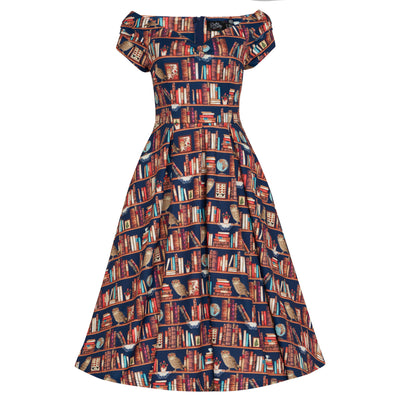 Lily Retro Off Shoulder Library Book & Owl Swing Dress