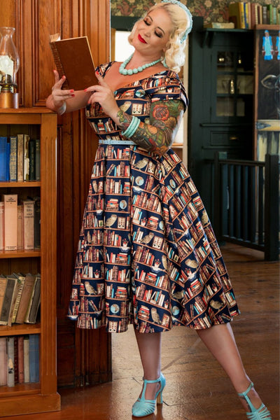 Lily Retro Off Shoulder Library Book & Owl Swing Dress