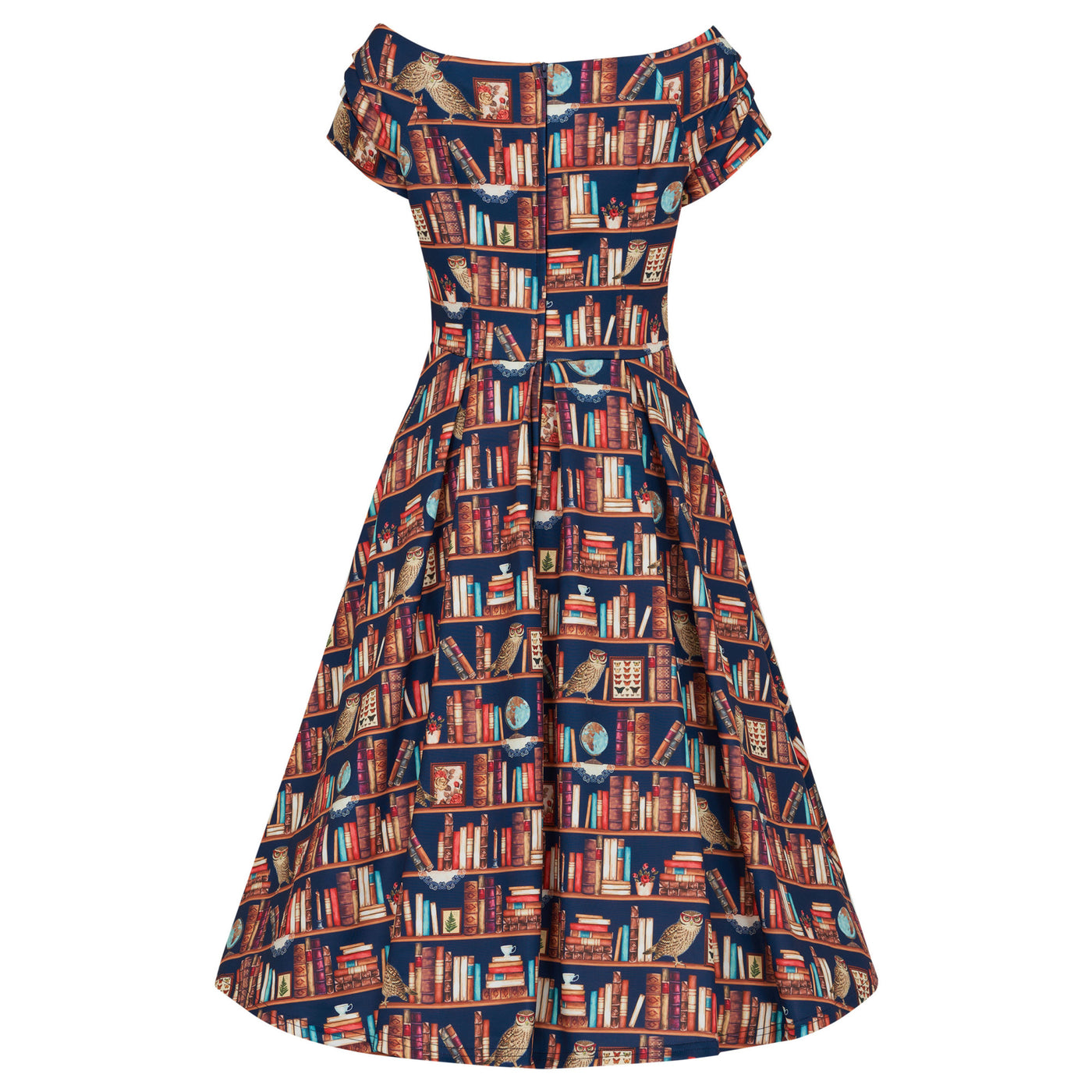 Lily Retro Off Shoulder Library Book & Owl Swing Dress
