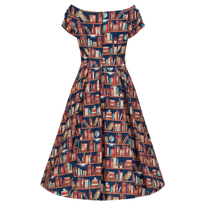Lily Retro Off Shoulder Library Book & Owl Swing Dress