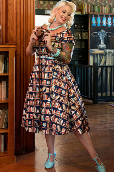 Lily Retro Off Shoulder Library Book & Owl Swing Dress
