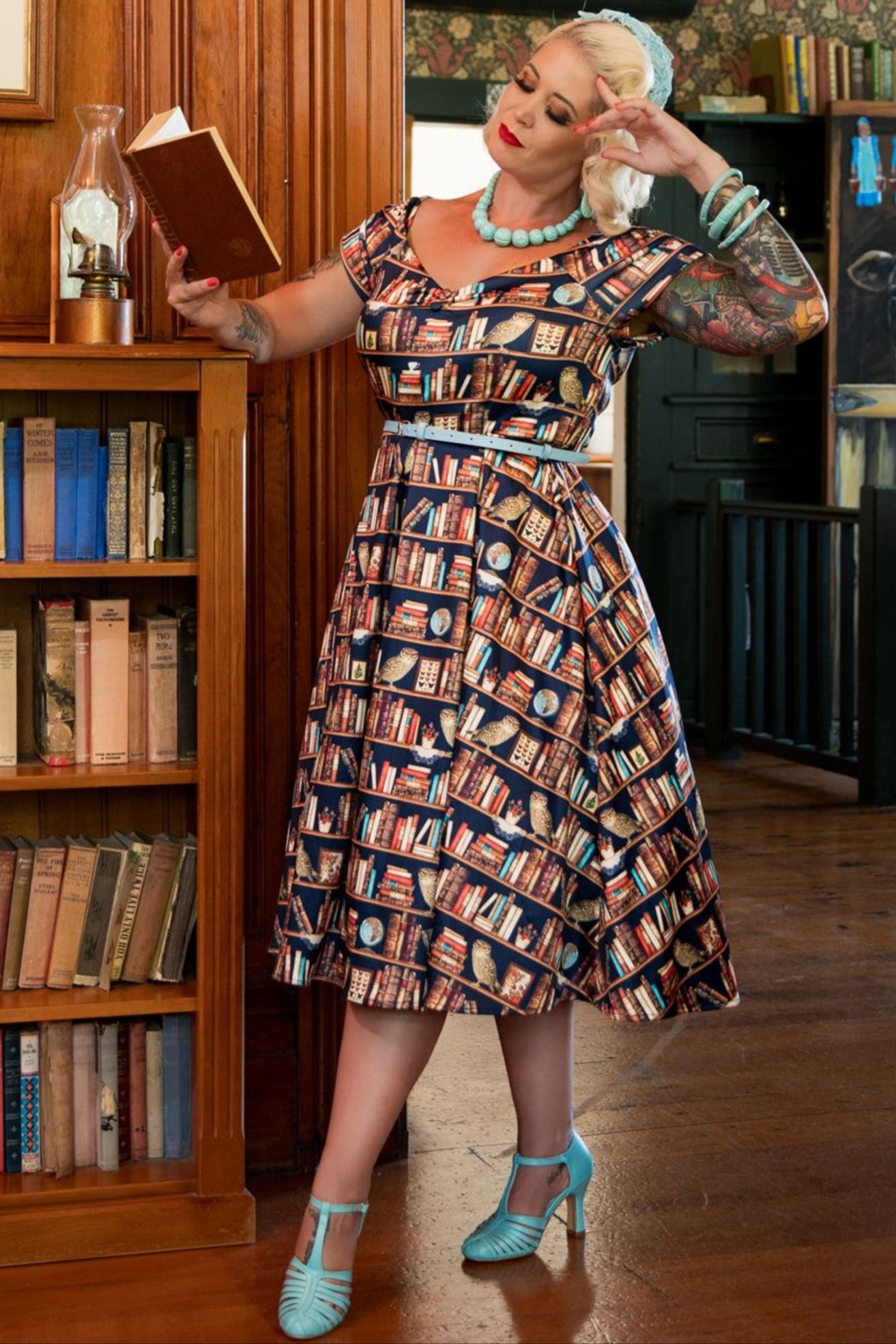Lily Retro Off Shoulder Library Book & Owl Swing Dress