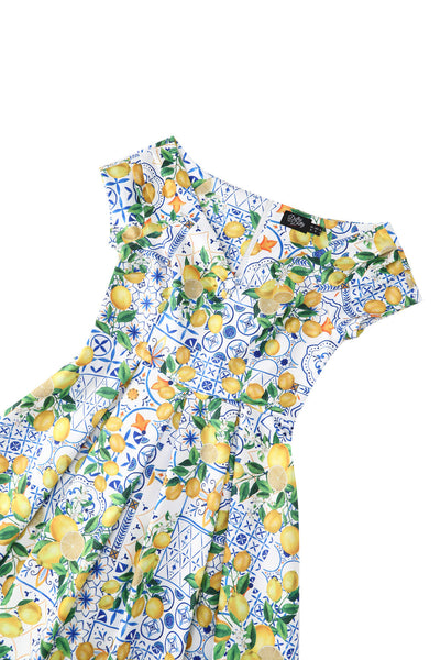 EU STOCK Lily Light Blue Off Shoulder 50s Inspired Mediterranean Lemon Print Dress