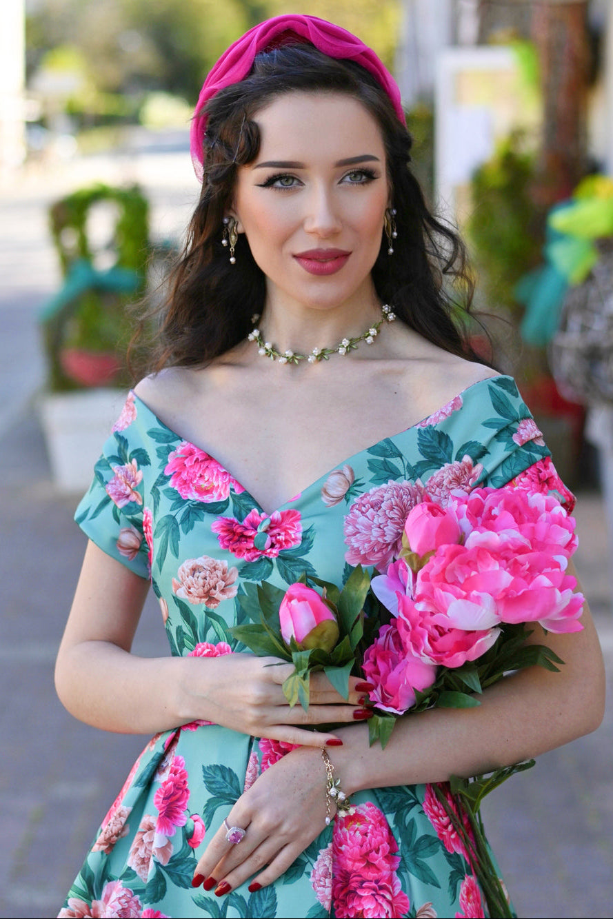 PRE ORDER Lily Mint Off Shoulder 50s Inspired Pink Peony Print Dress