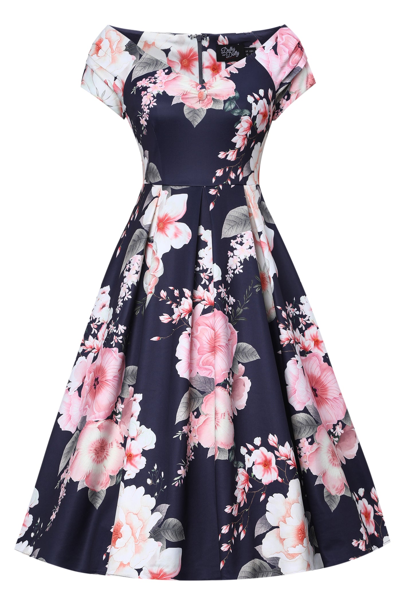 EU STOCK Lily Navy Blue Off Shoulder Large Floral Print Dress