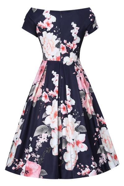 EU STOCK Lily Navy Blue Off Shoulder Large Floral Print Dress